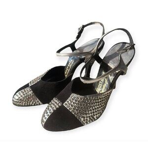 Vintage 40/50s Frost Bros. Black/Silver Crystal Studded Suede Ankle Strap Pumps